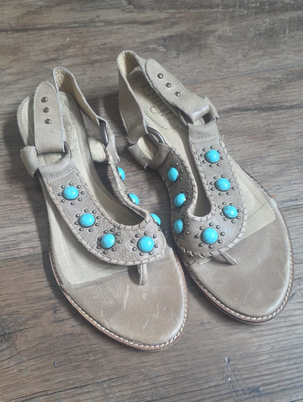 Latigo Tan Leather T-Strap Sandals with Turquoise Accents